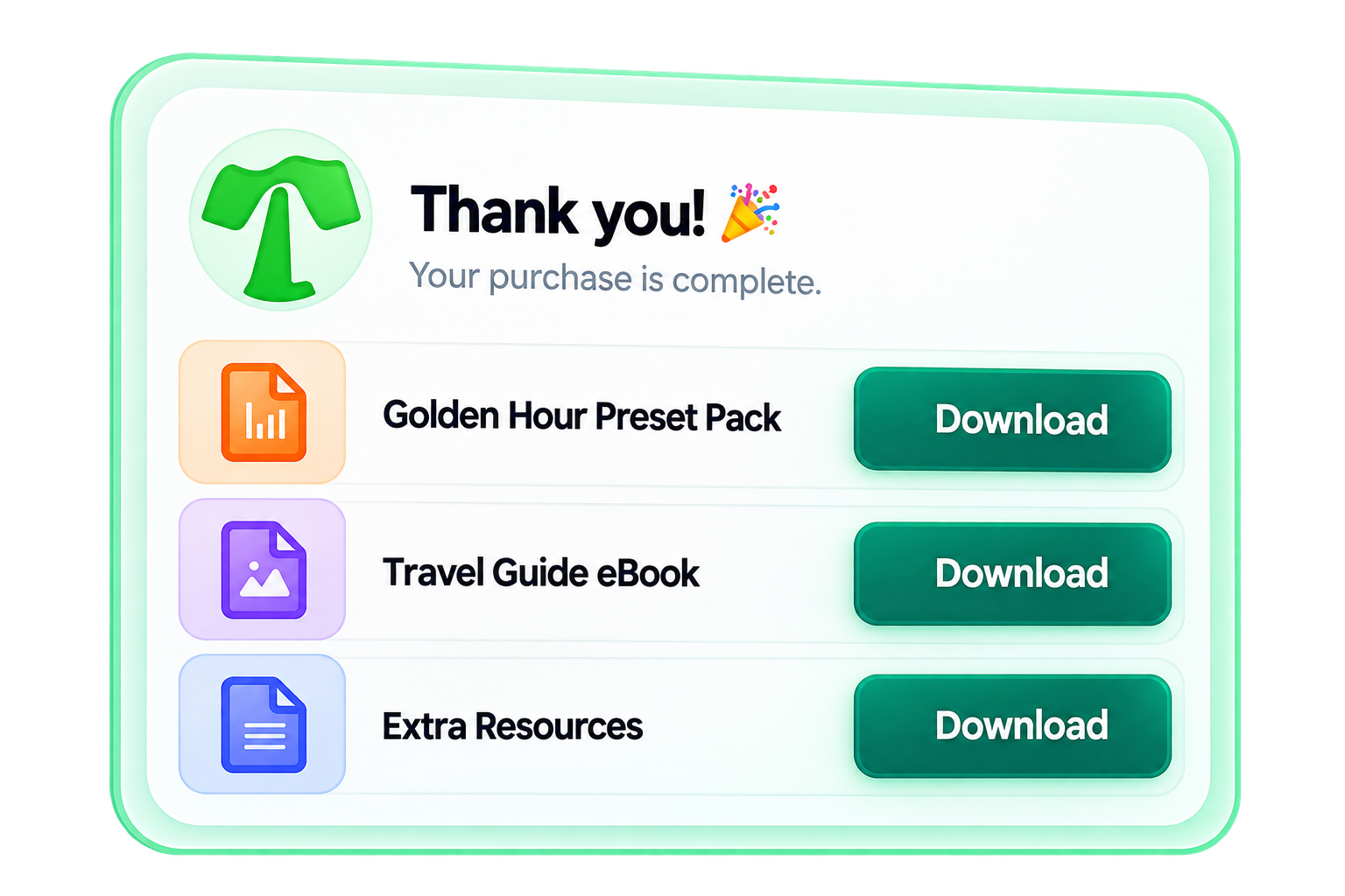 Purchase confirmation with instant download buttons